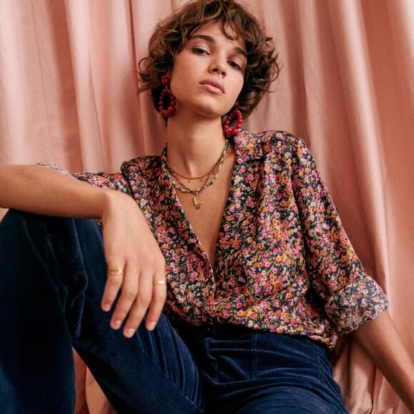 Sézane Florence Black Floral Button Down Shirt - Picture 1 of 7